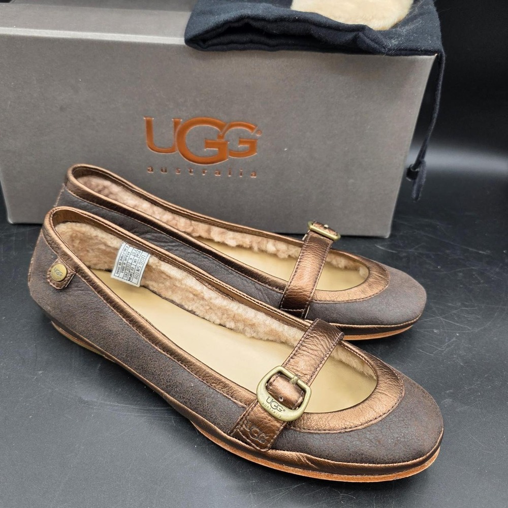 NIB UGG Gerty Mary Jane Antique Chocolate Brown Leather & Shearling Shoe Sz 7.5